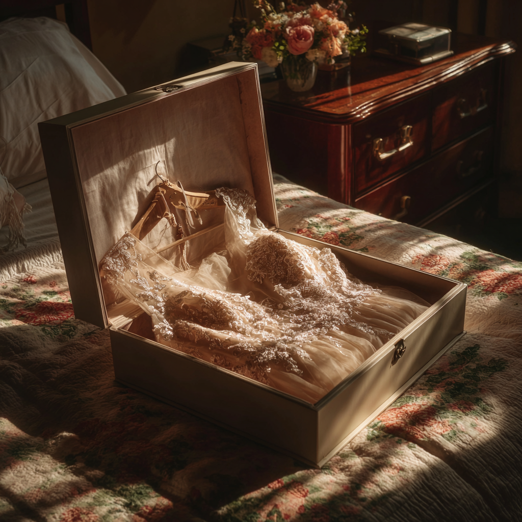 Un vestido de novia vintage en una caja | Fuente: Midjourney