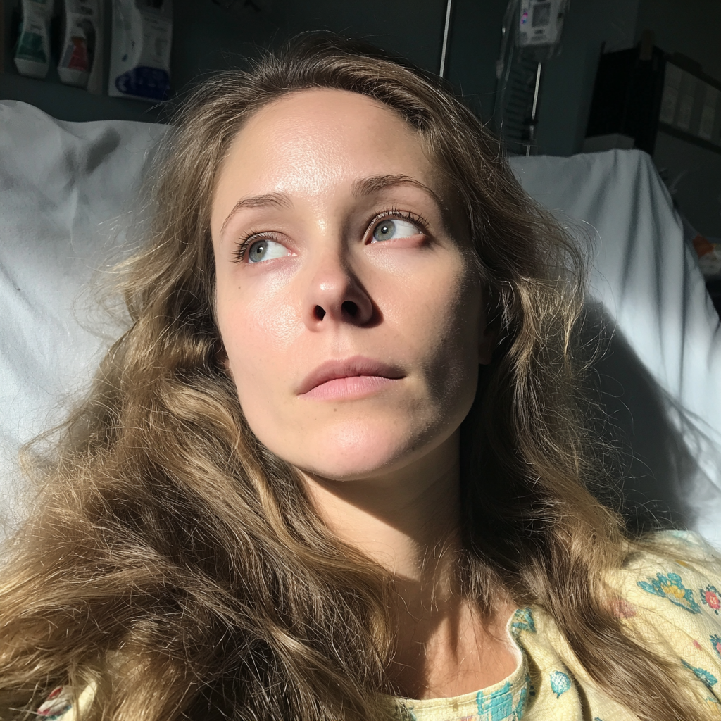 Una mujer pensativa tumbada en una cama de hospital | Fuente: Midjourney