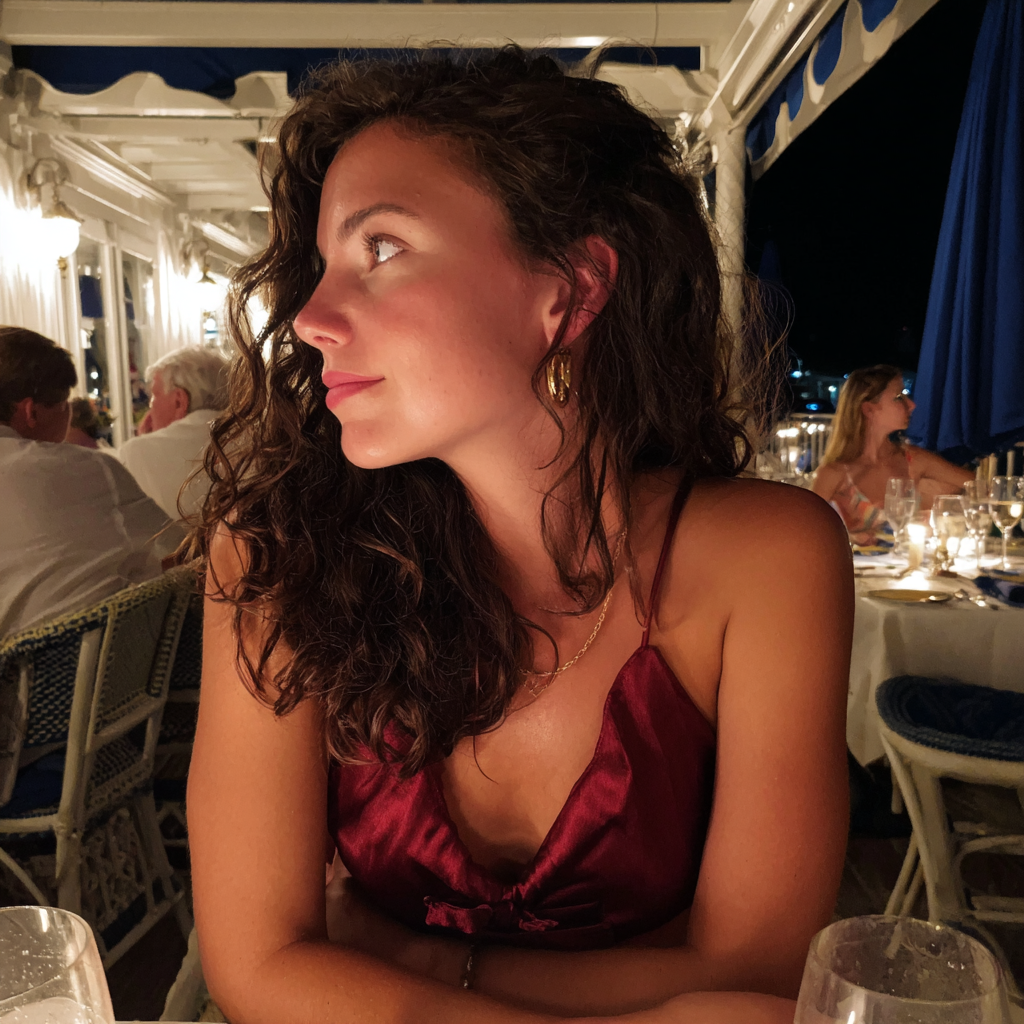 Una mujer sentada a la mesa | Fuente: Midjourney