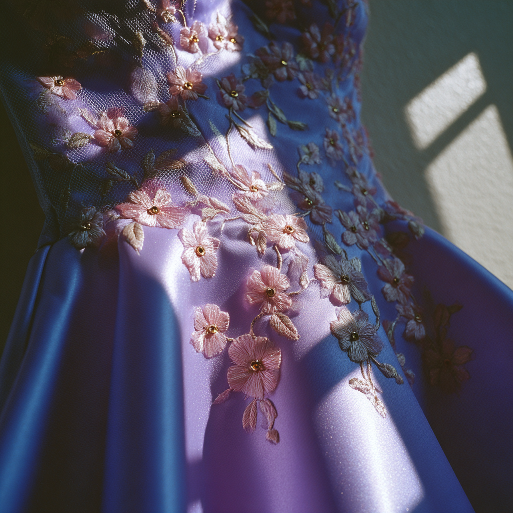 Detalle de las flores cosidas a mano en un vestido de graduación | Fuente: Midjourney