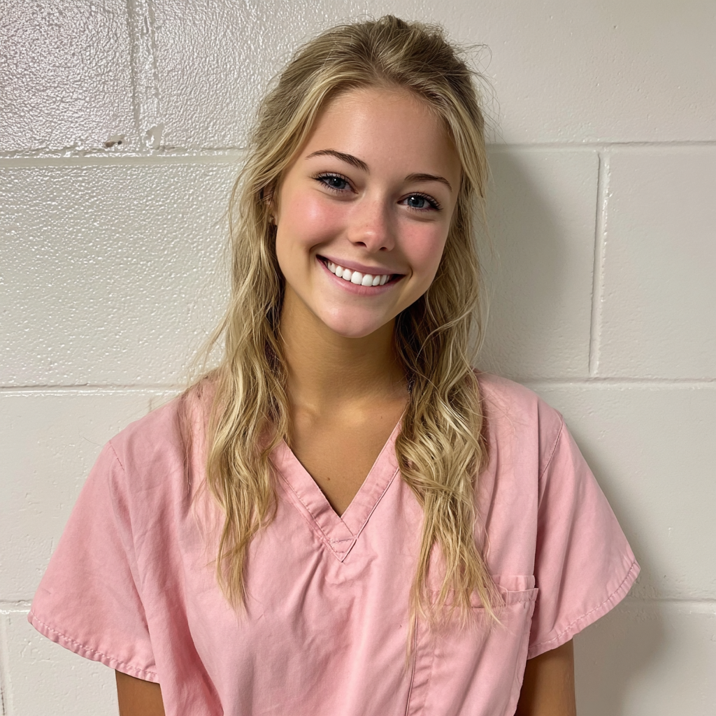 Una mujer joven con un uniforme rosa pálido | Fuente: Midjourney