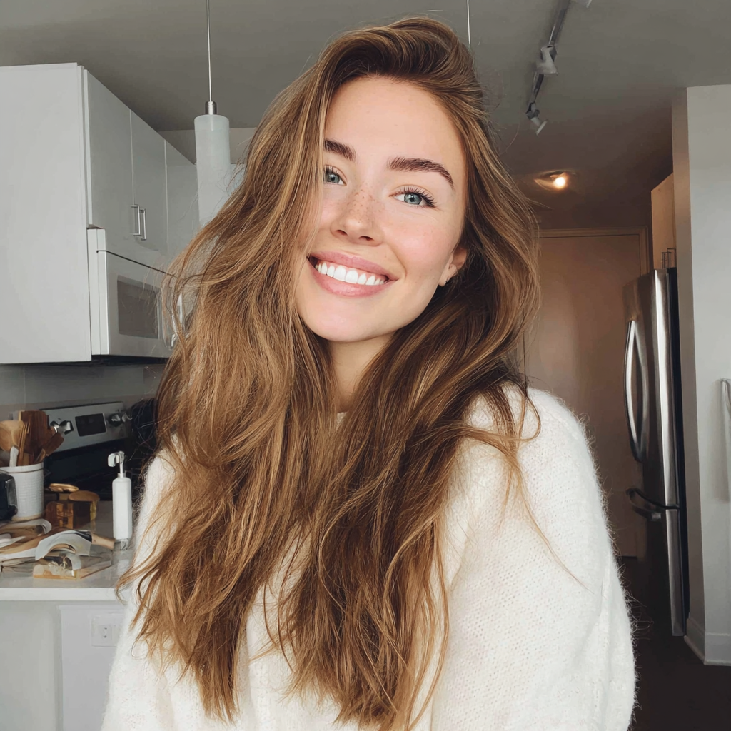 Una mujer sonriente de pie en una cocina | Fuente: Midjourney