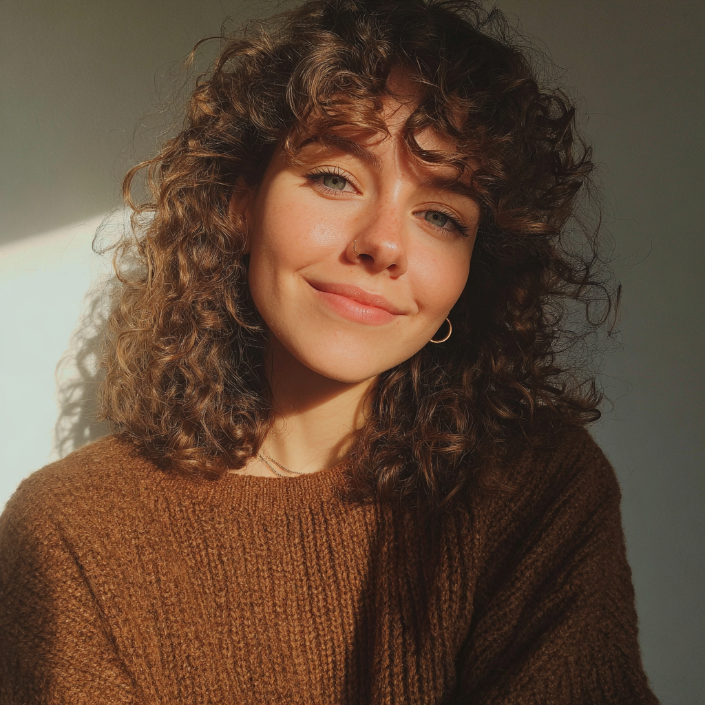 Una joven sonriente con el pelo rizado | Fuente: Midjourney