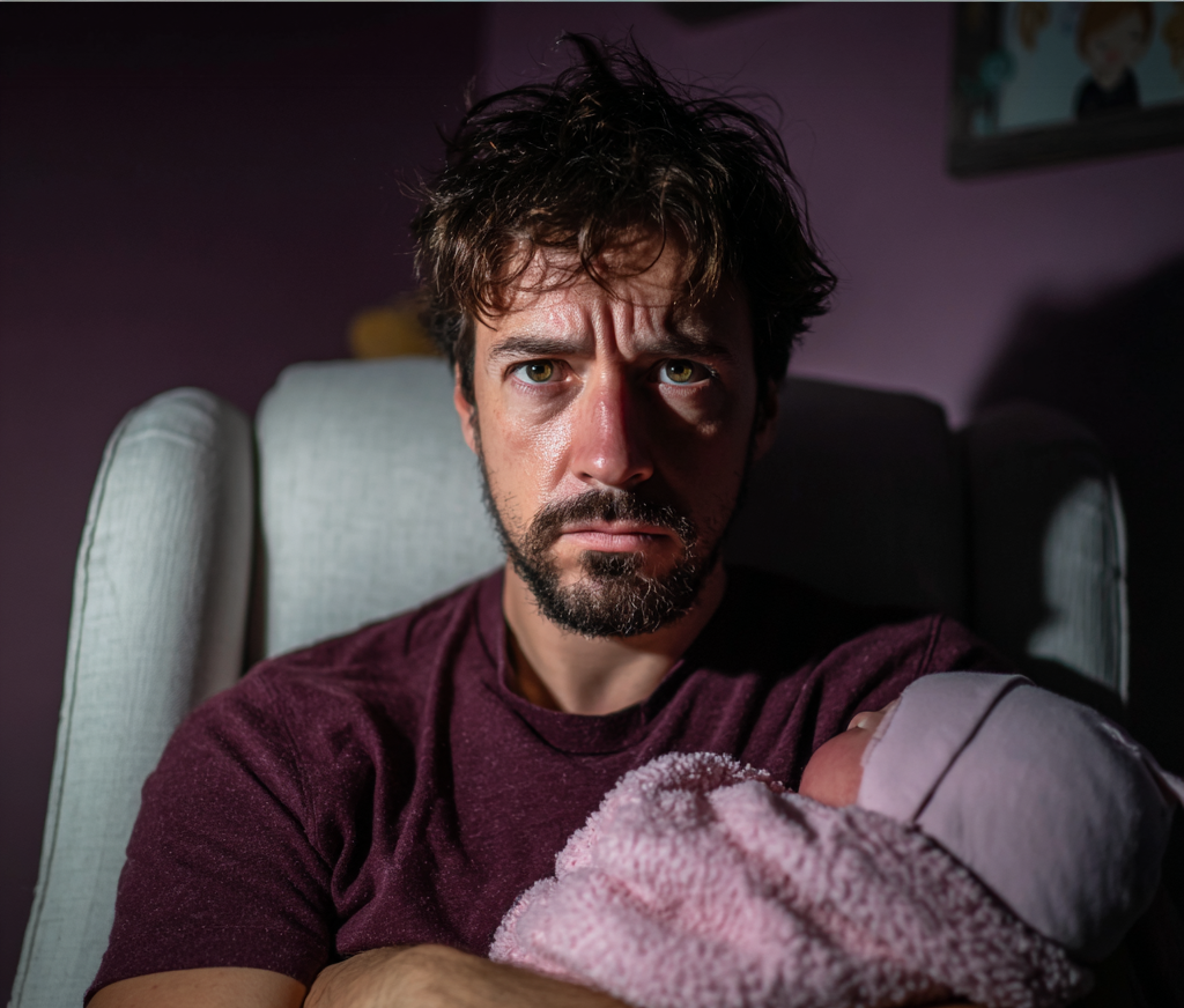 Un hombre exhausto con un bebé en brazos | Fuente: Midjourney