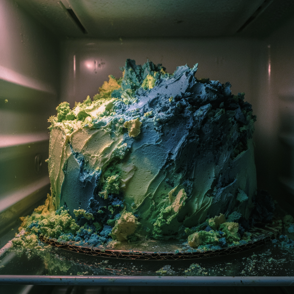 Un pastel de cumpleaños destrozado en un frigorífico | Fuente: Midjourney