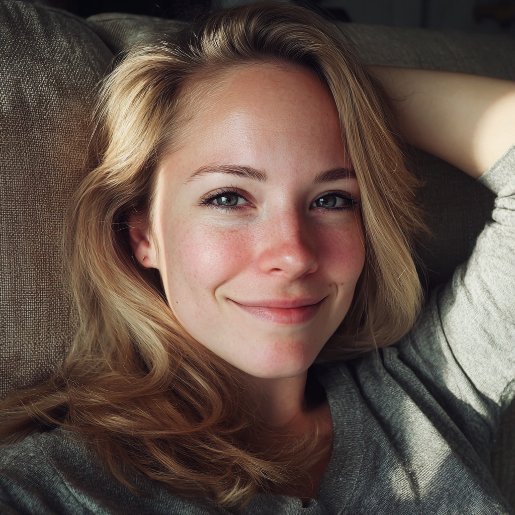 Una mujer sonriente tumbada en un sofá | Fuente: Midjourney