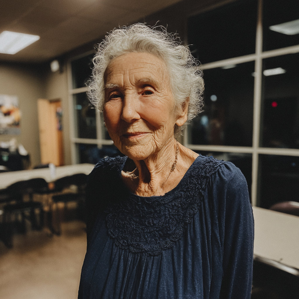 Una anciana sonriente con un vestido azul | Fuente: Midjourney