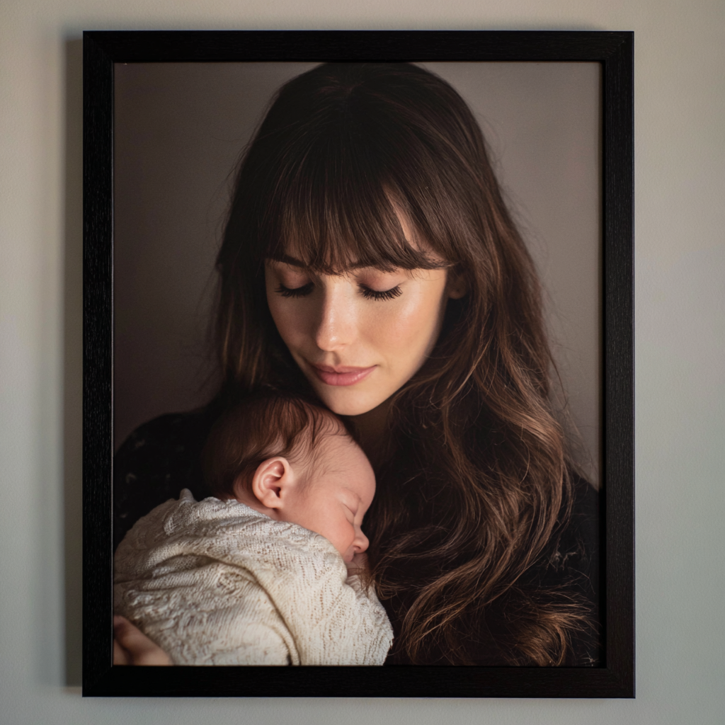 Fotografía enmarcada de una mujer con un bebé en brazos | Fuente: Midjourney