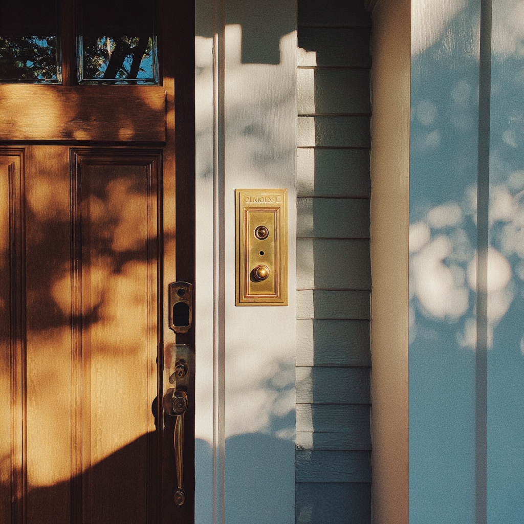 Un timbre dorado junto a una puerta de entrada | Fuente: Midjourney