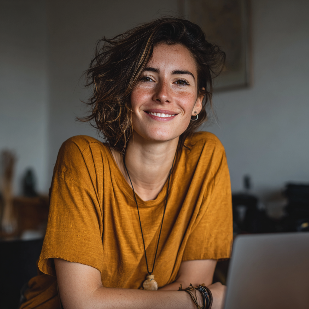 Una mujer sentada ante su portátil | Fuente: Midjourney