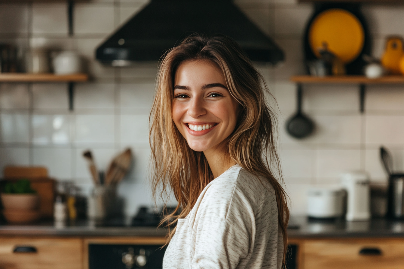 Una mujer en una cocina sonriendo a alguien | Fuente: Midjourney