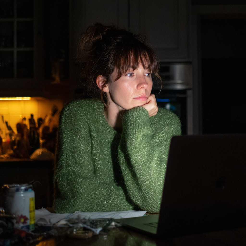 Una mujer sentada con su portátil por la noche | Fuente: Midjourney