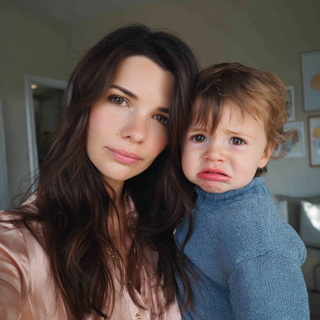 Una mujer sostiene a un niño disgustado | Fuente: Midjourney