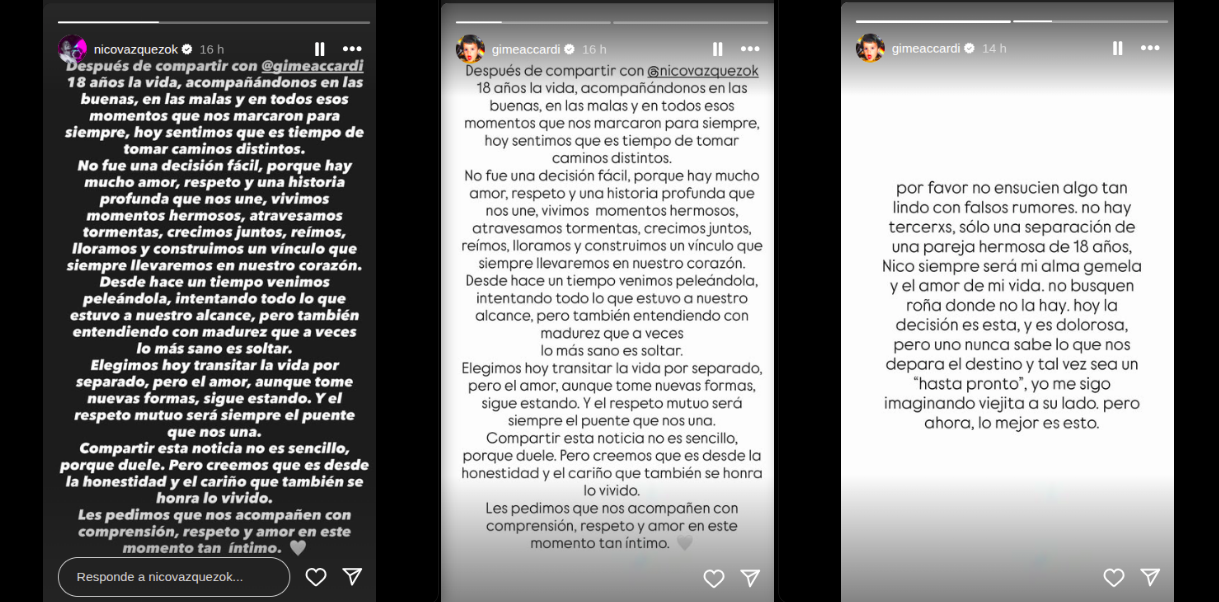 Las historias de Nicolás Vázquez y Gimena Accardi. | Foto: instagram.com/nicovazquezok instagram.com/gimeaccardi