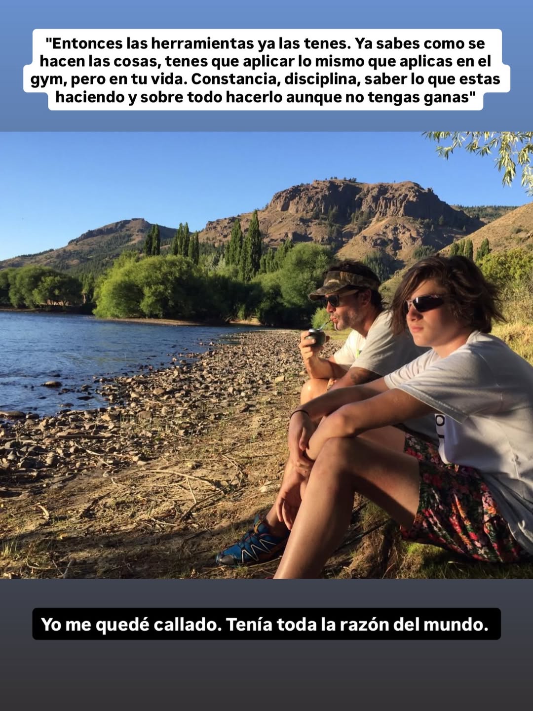 Luka Drago de adolescente junto a su papá, Hernán Drago, sentados frente a un lago | Fuente: Instagram/lukaadrago