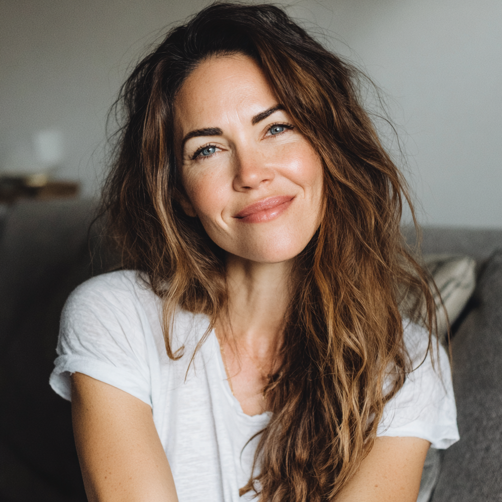 Una mujer sonriente sentada en un sofá | Fuente: Midjourney