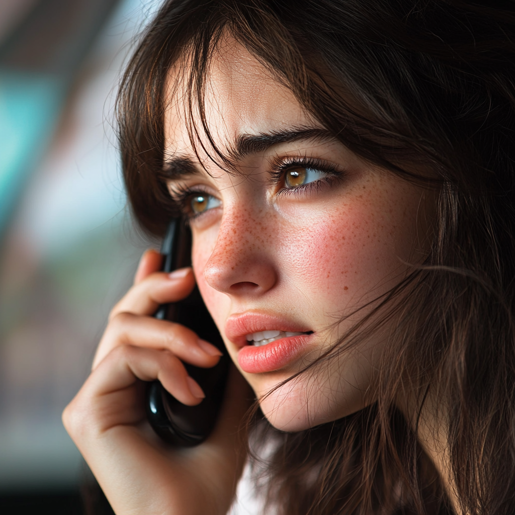 Una joven ansiosa hablando por teléfono | Fuente: Midjourney