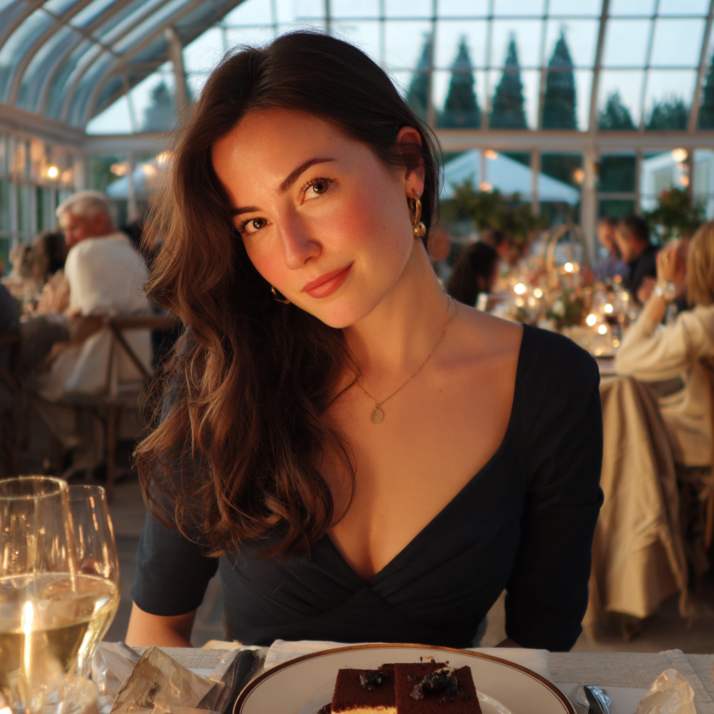 Una mujer sonriente sentada a una mesa | Fuente: Midjourney