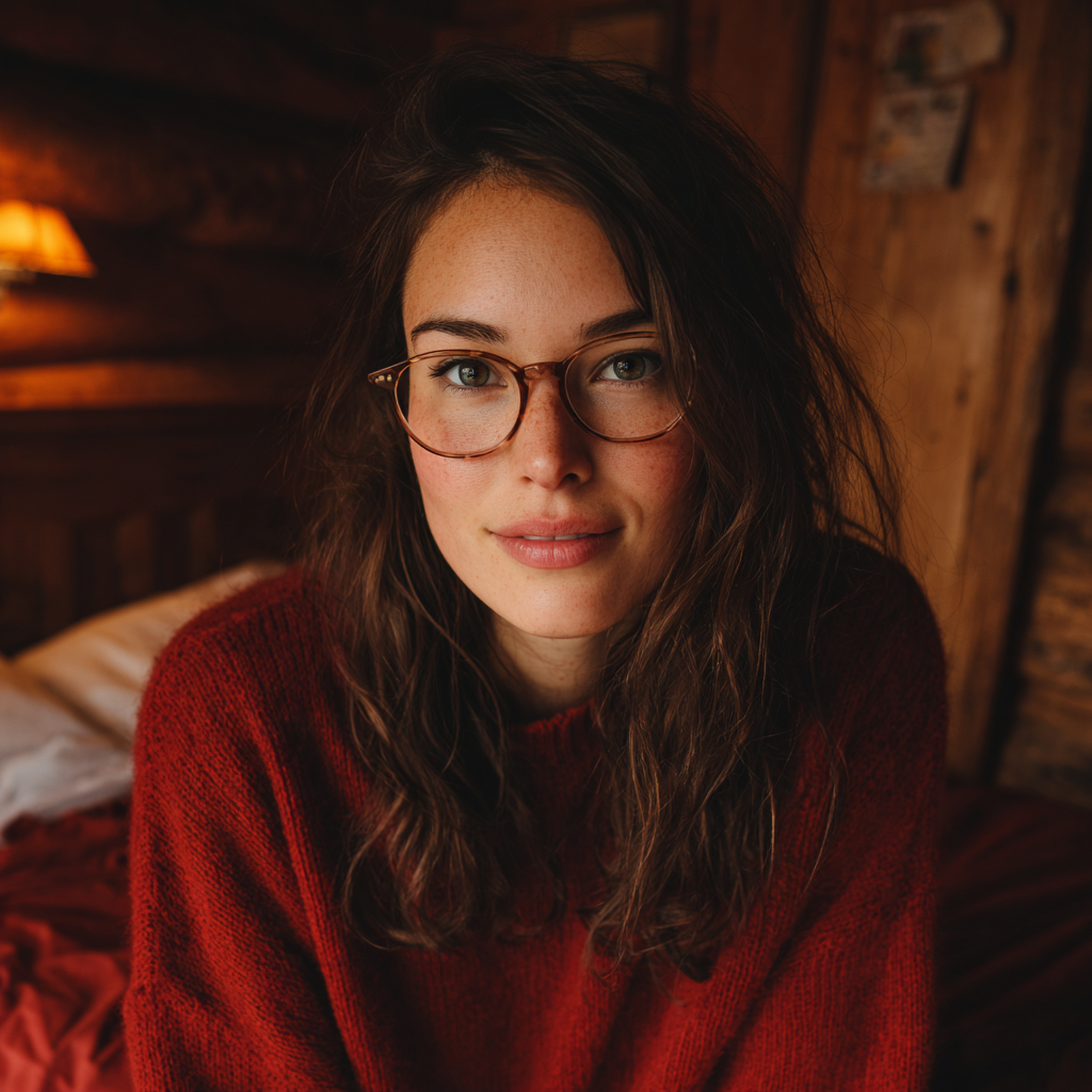 Una mujer sonriente sentada en una cama | Fuente: Midjourney