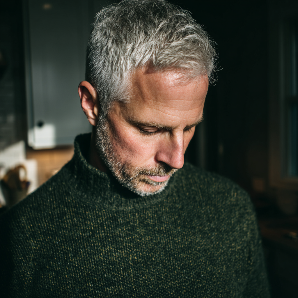 Un hombre pensativo de pie en una cocina | Fuente: Midjourney