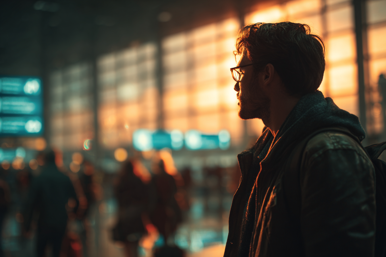 Un hombre de pie en un aeropuerto | Fuente: Midjourney