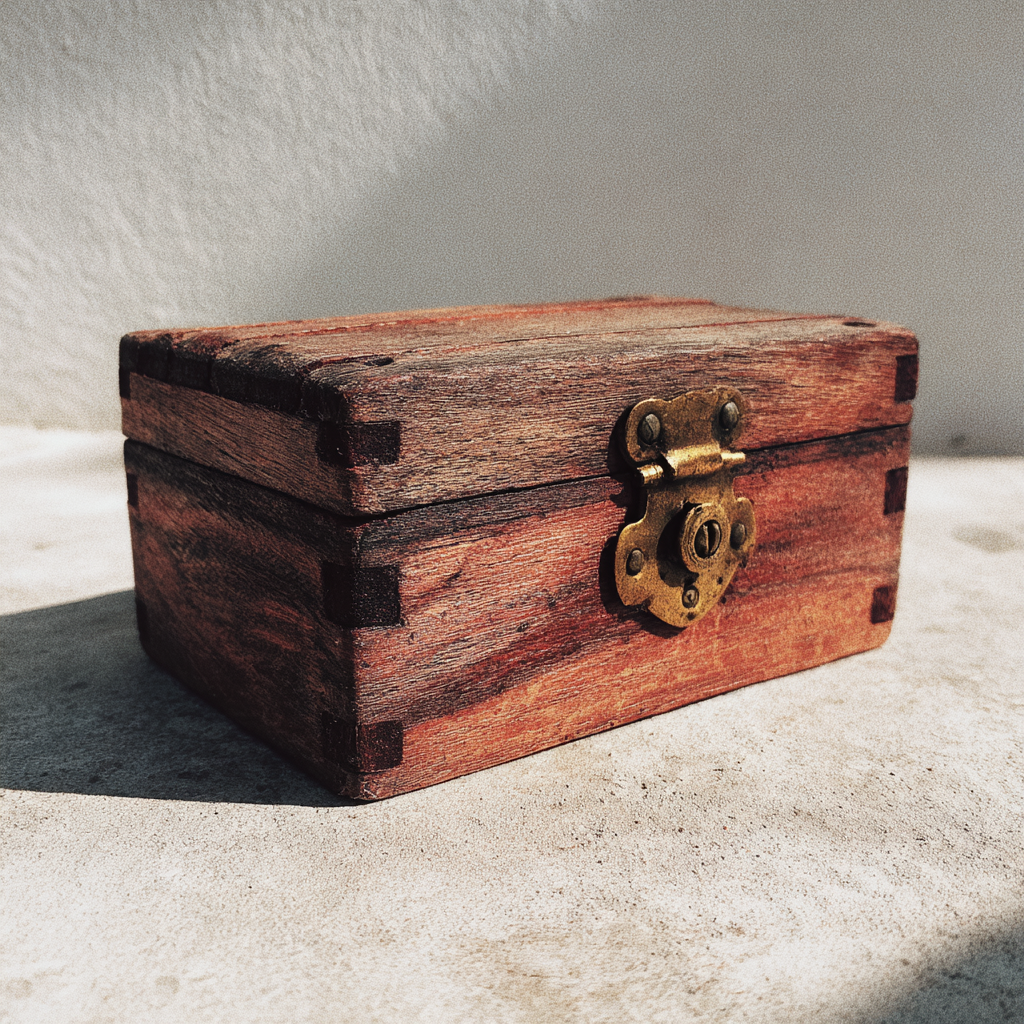 Una cajita de madera con un pestillo de latón sobre una superficie lisa | Fuente: Midjourney