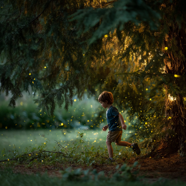 Un niño persiguiendo luciérnagas | Fuente: Midjourney