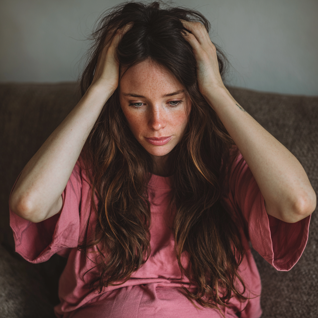 Una mujer embarazada sentada en un sofá con las manos en la cabeza | Fuente: Midjourney