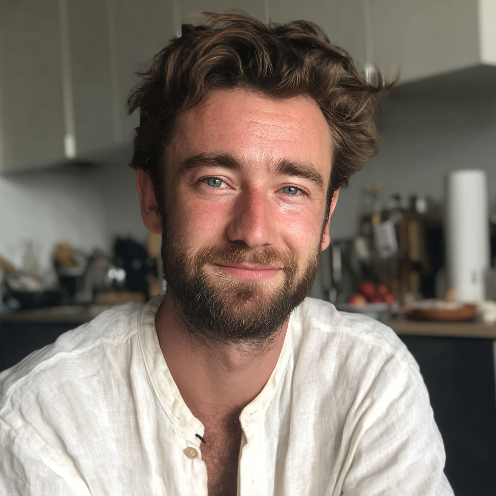 Un hombre sonriente con una camisa de lino | Fuente: Midjourney