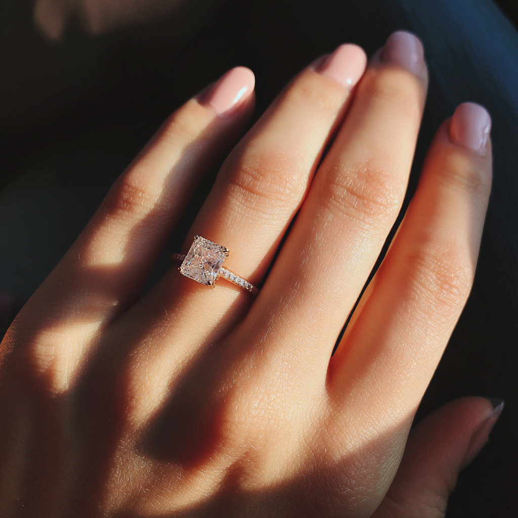 Una mujer mostrando un anillo de compromiso | Fuente: Midjourney