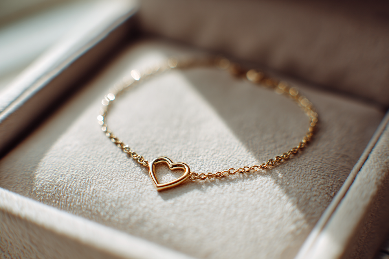 Una delicada pulsera de oro con un pequeño colgante en forma de corazón | Fuente: Midjourney