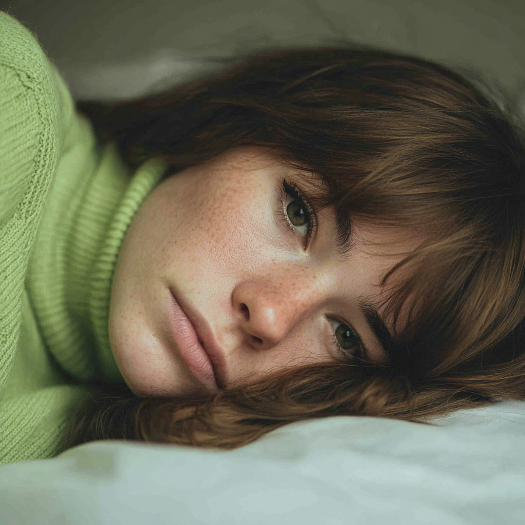 Una mujer alterada tumbada en su cama | Fuente: Midjourney