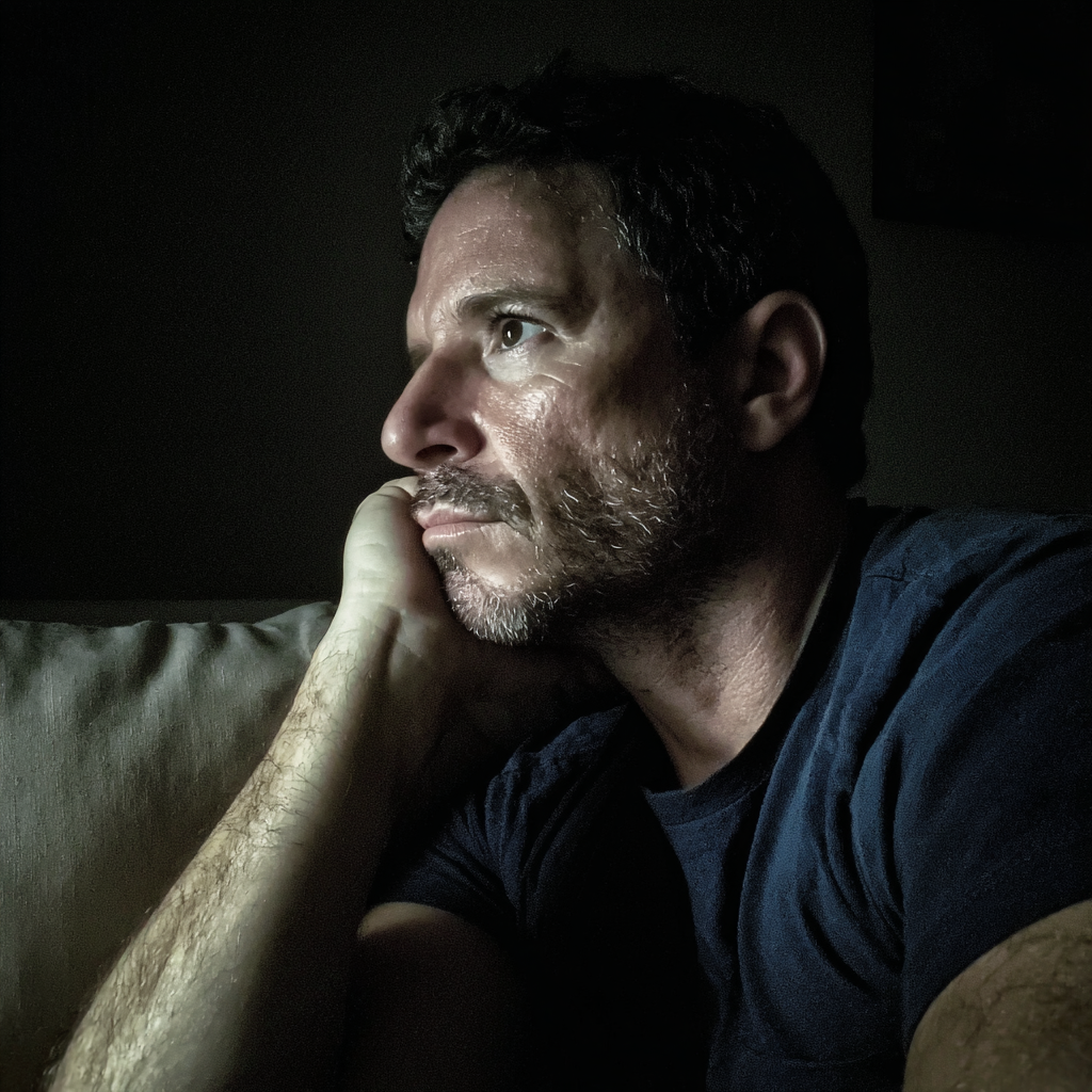 Un hombre sentado con la cabeza sobre la mano | Fuente: Midjourney