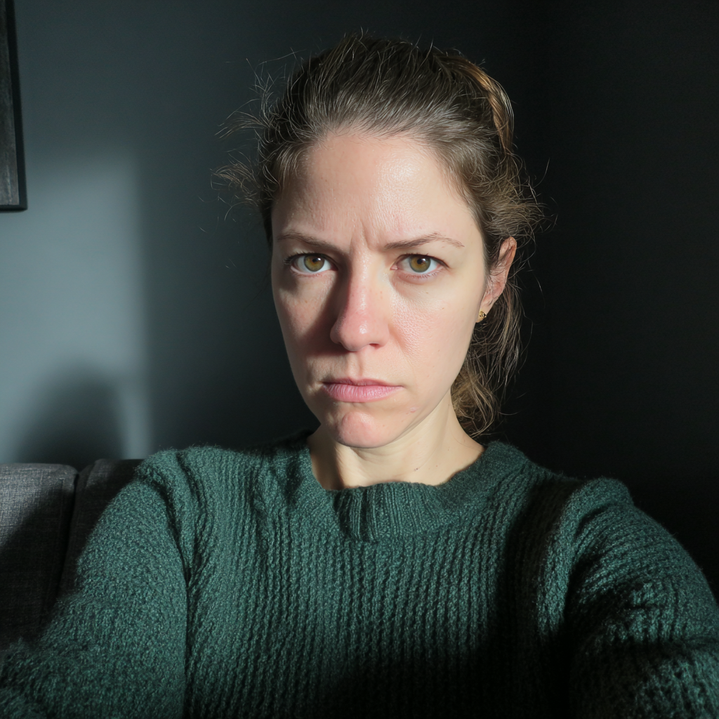 Una mujer ceñuda con un jersey verde | Fuente: Midjourney