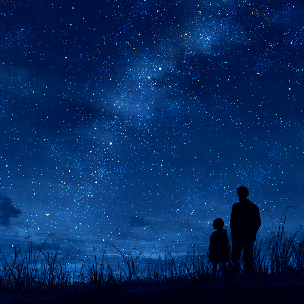 Silueta de un hombre y una niña observando el cielo nocturno rociado de estrellas | Fuente: Midjourney
