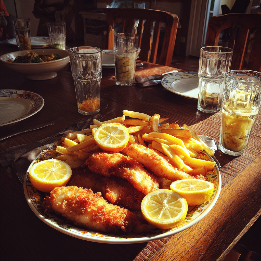 Un plato de pescado y patatas fritas sobre una mesa | Fuente: Midjourney