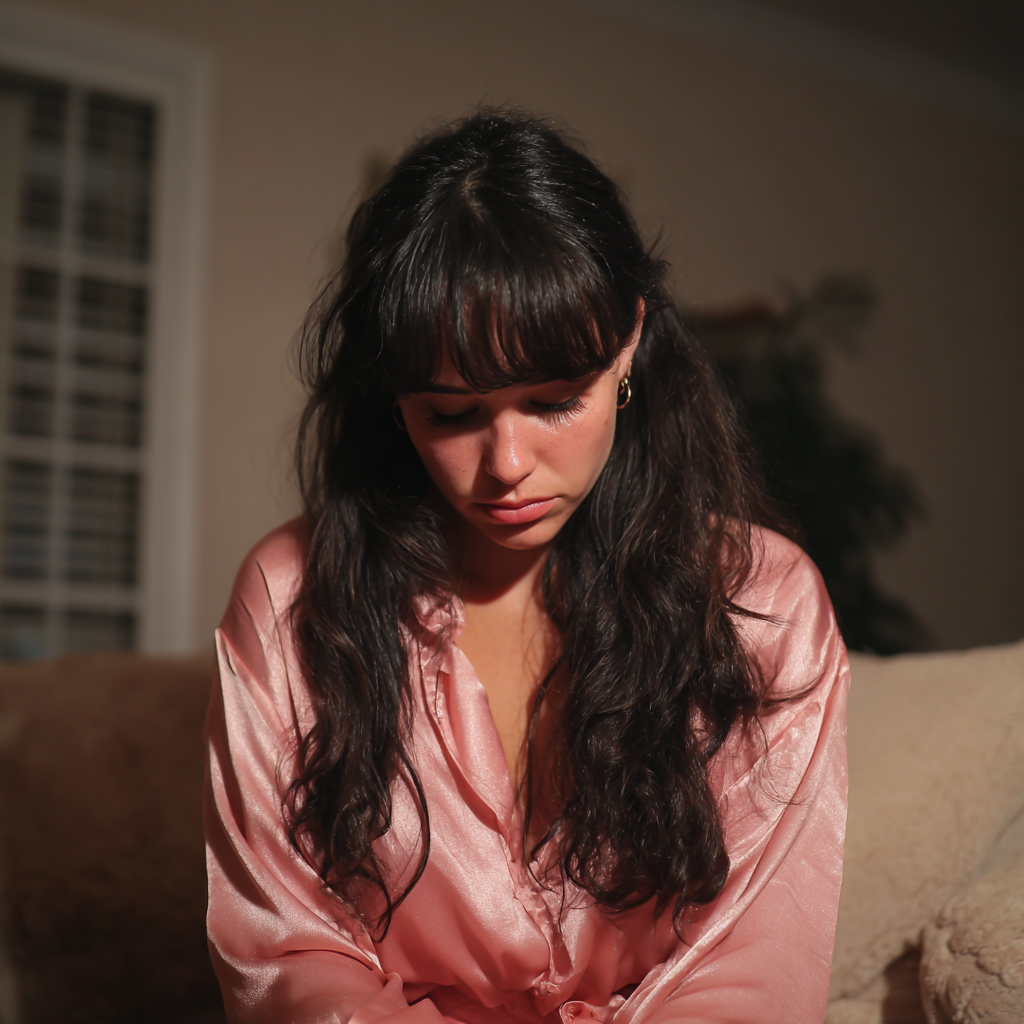 Una mujer disgustada sentada en un sofá con una blusa rosa | Fuente: Midjourney