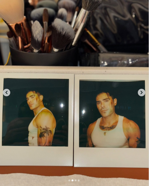 Una foto de Zac Efron con una camiseta sin mangas blanca mostrando sus tonificados brazos desde el set de su nueva película publicada el 14 de mayo de 2025 | Fuente: Instagram/zacefron