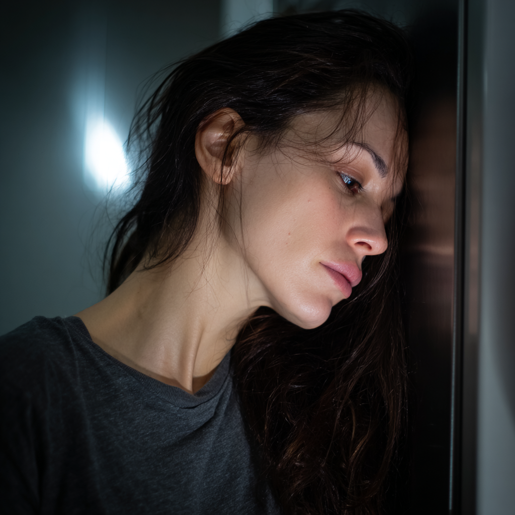 Una mujer disgustada apoyada en un frigorífico | Fuente: Midjourney