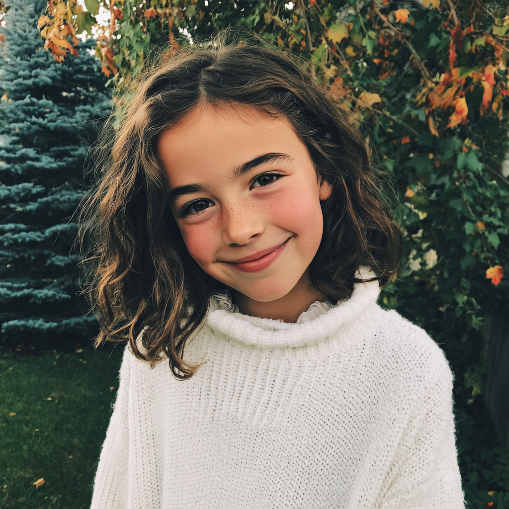 Una niña sonriente en el exterior | Fuente: Midjourney
