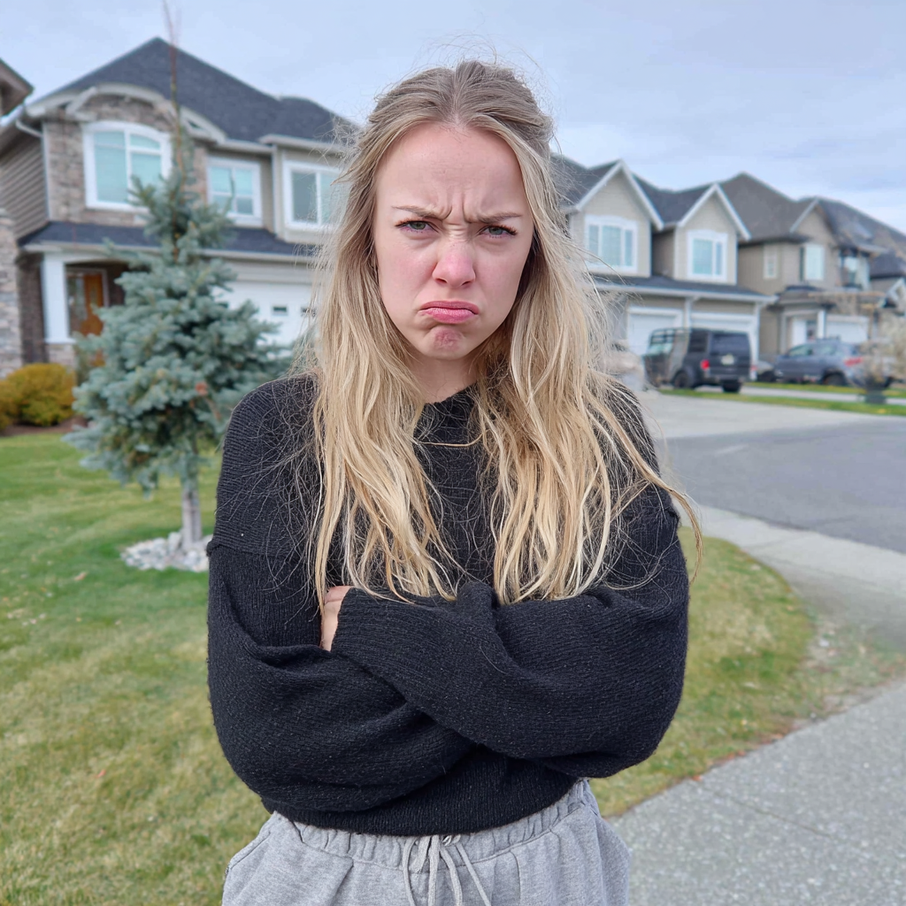 Una mujer enfadada frente a una casa | Fuente: Midjourney