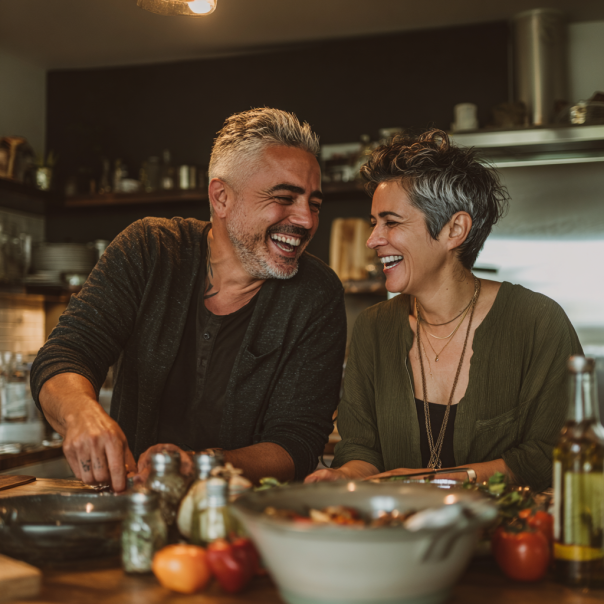 Una pareja ríe mientras prepara la cena | Fuente: Midjourney