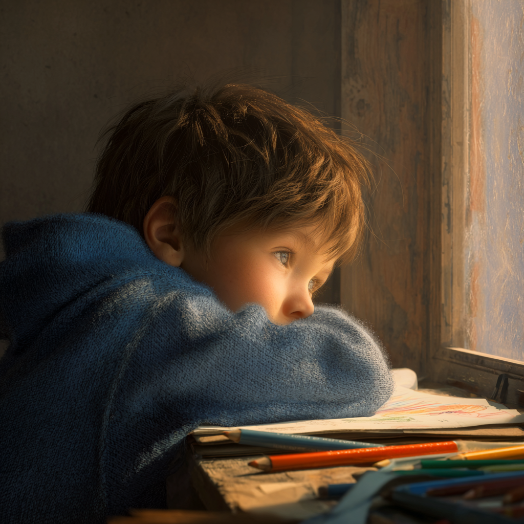 Un niño triste sentado junto a la ventana | Fuente: Midjourney