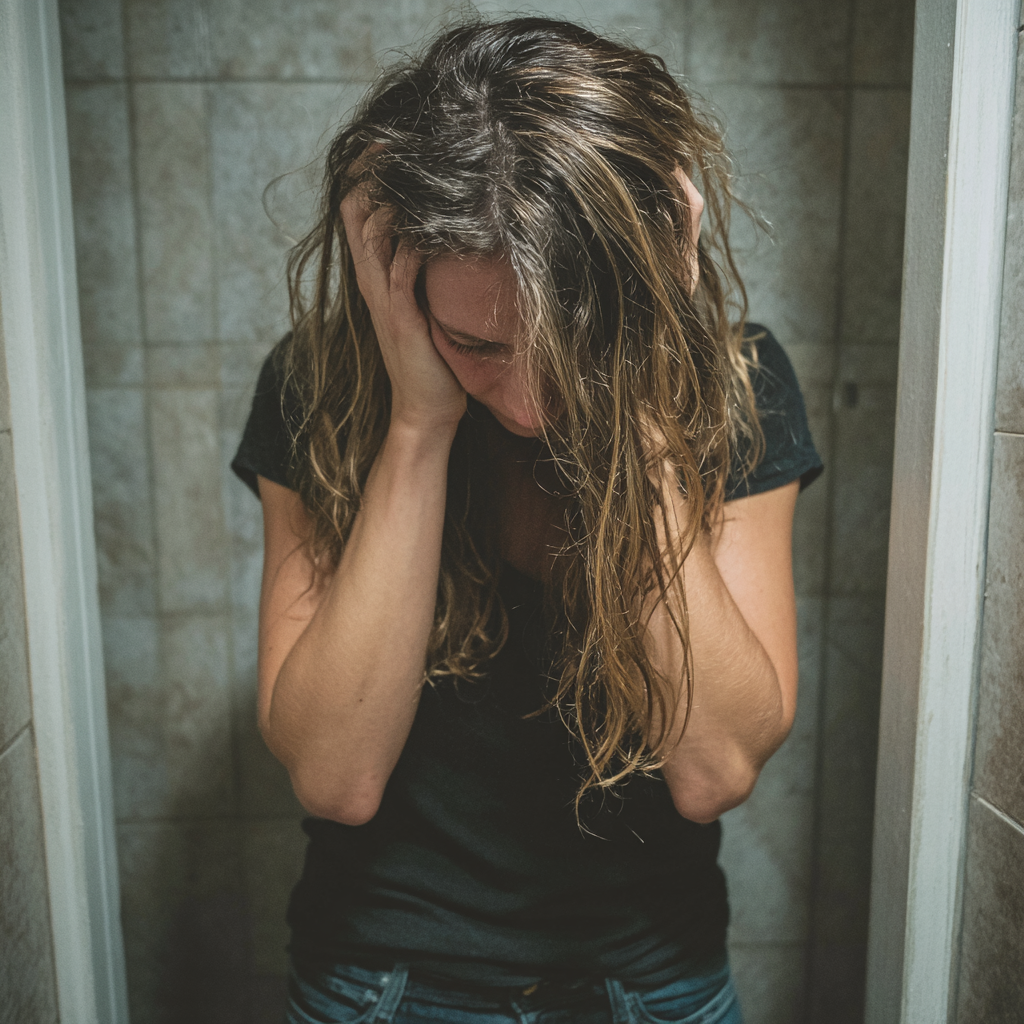 Una mujer emocionada de pie en un cuarto de baño | Fuente: Midjourney