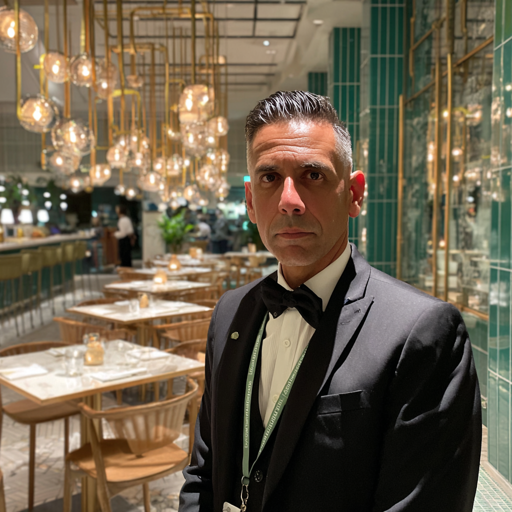 El gerente de un restaurante con traje negro | Fuente: Midjourney