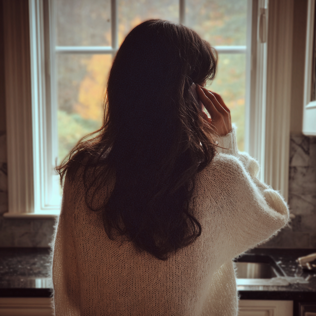 Una mujer hablando por teléfono y mirando por una ventana | Fuente: Midjourney