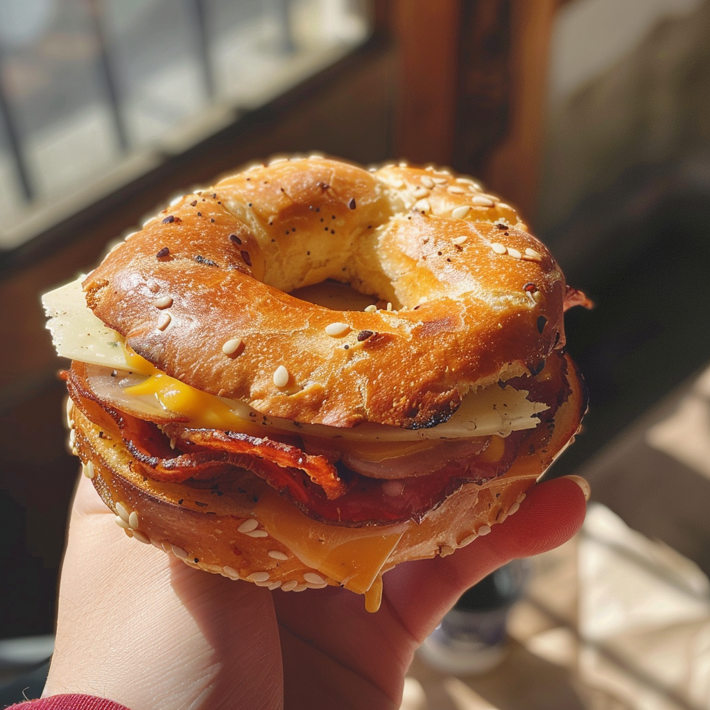 Una persona con un bocadillo de bagel en la mano | Fuente: Midjourney