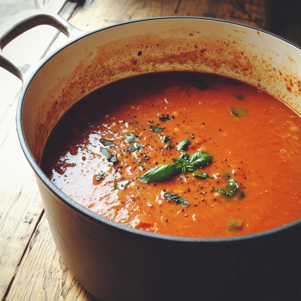 Una olla de sopa de tomate sobre una mesa | Fuente: Midjourney