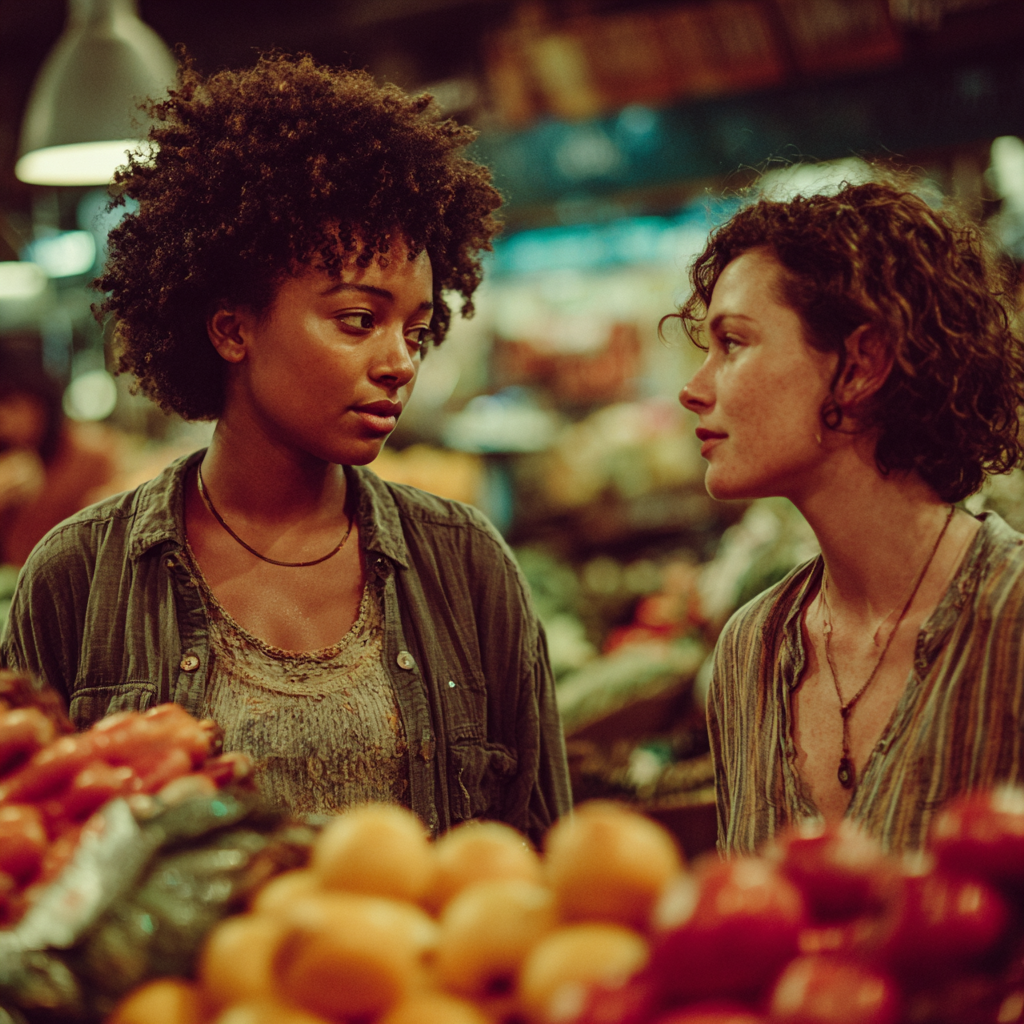 Dos mujeres serias en una tienda de comestibles | Fuente: Midjourney