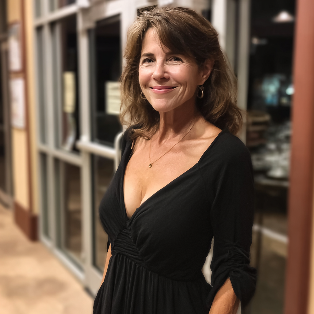 Una mujer mayor sonriente con un vestido negro | Fuente: Midjourney